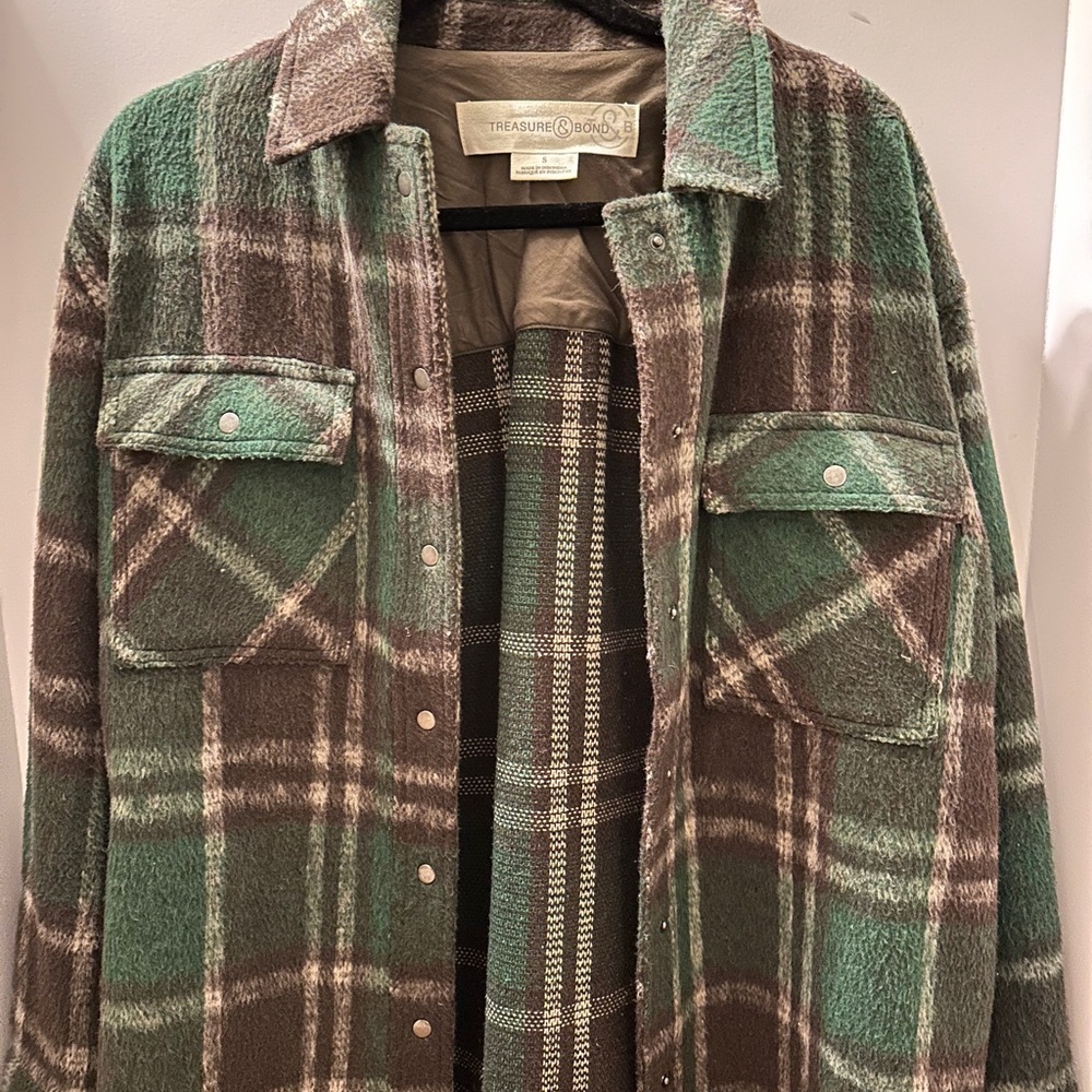 Treasure & Bond Green and Brown Plaid Shirt Jacket